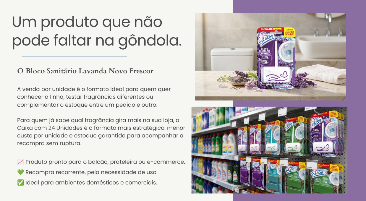 Unidade Bloco Sanitário Lavanda em gôndola de supermercado