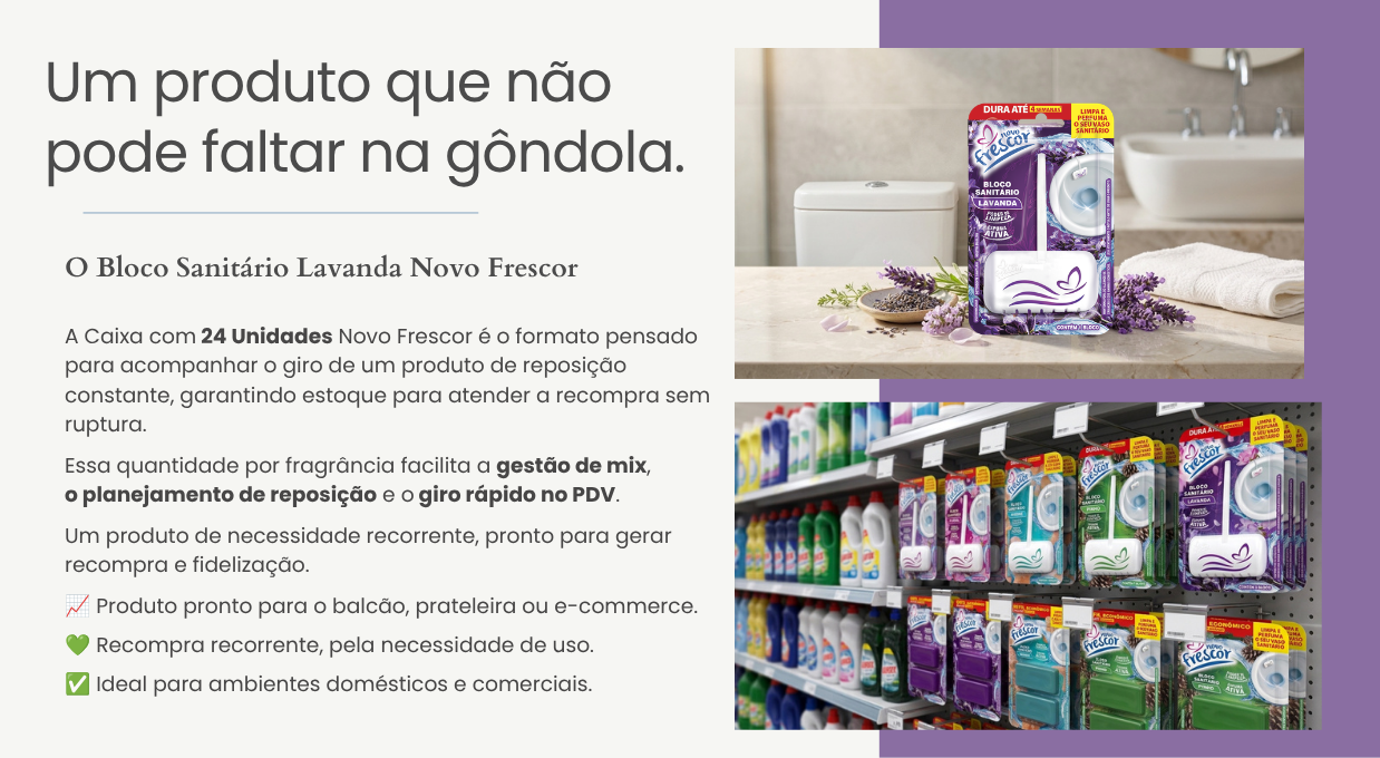 Caixa com 24 unidades do Bloco Sanitário Lavanda em gôndola de supermercado