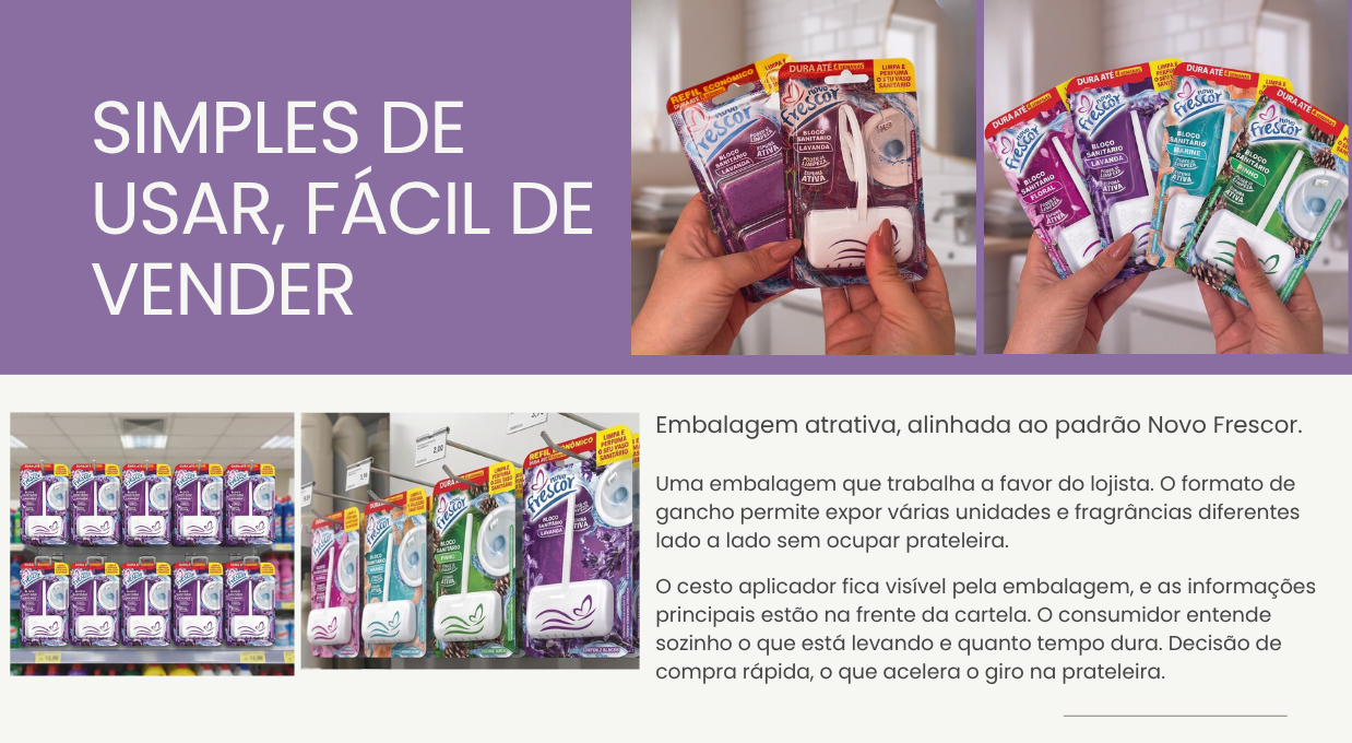 Embalagem do Bloco Sanitário Lavanda com cesto 25g exposto em prateleira