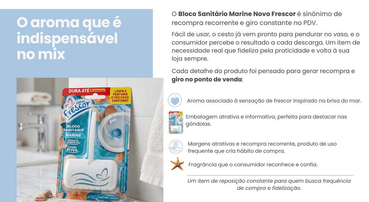 Bloco Sanitário Marine Novo Frescor com cesto aplicador em uso no vaso sanitário
