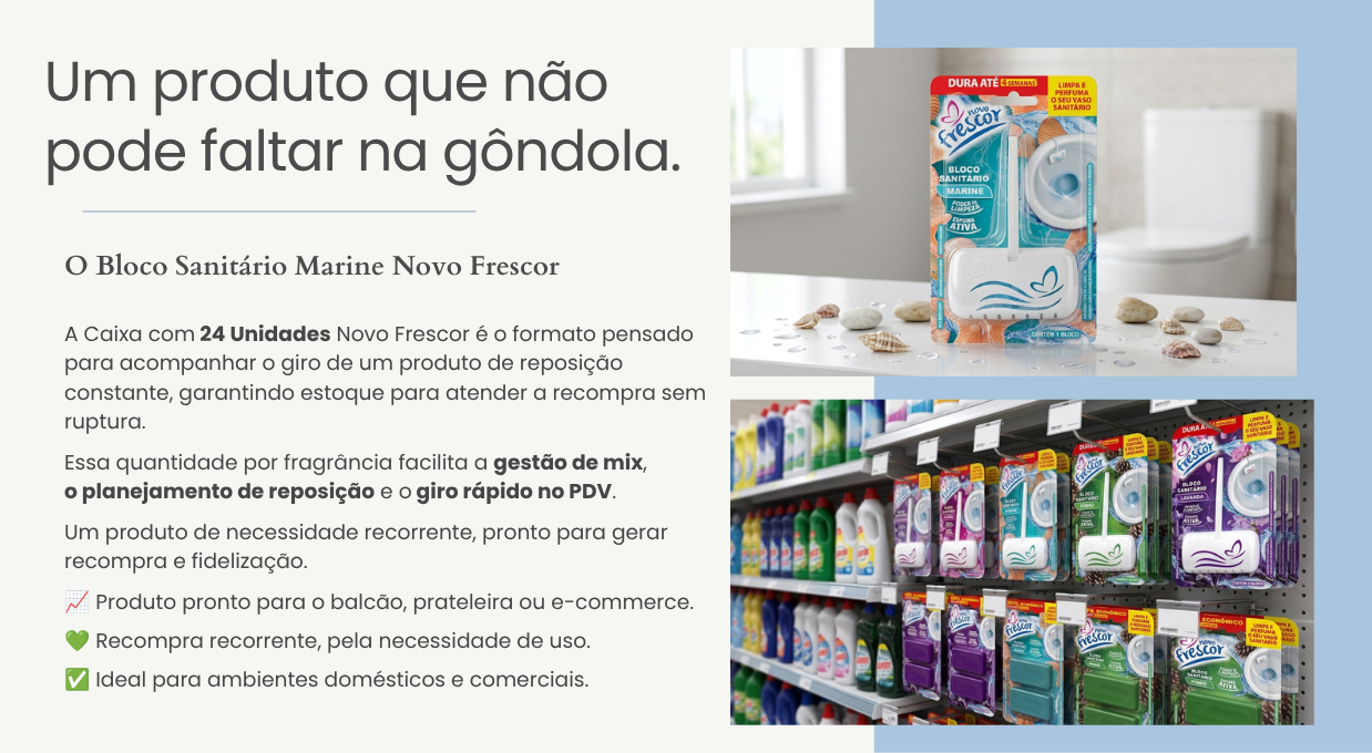 Caixa com 24 unidades do Bloco Sanitário Marine em gôndola de supermercado