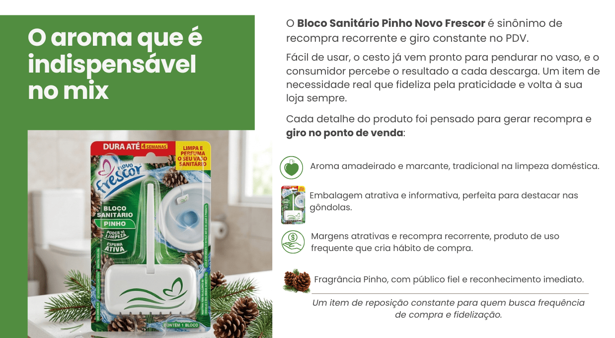 Bloco Sanitário Pinho Novo Frescor com cesto aplicador em uso no vaso sanitário