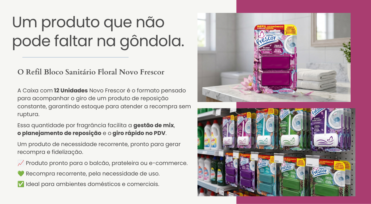 Caixa com 12 unidades do Bloco Sanitário Floral em gôndola de supermercado
