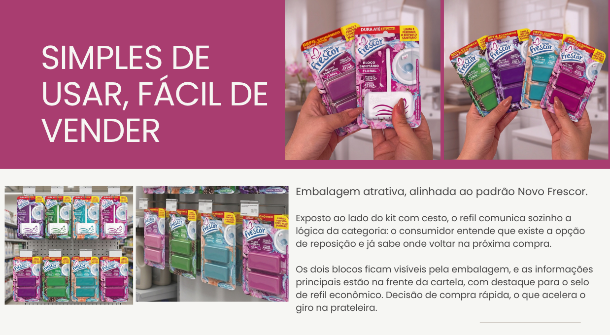 Caixa com 12 unidades do Refil Bloco Sanitário Floral em gôndola de supermercado