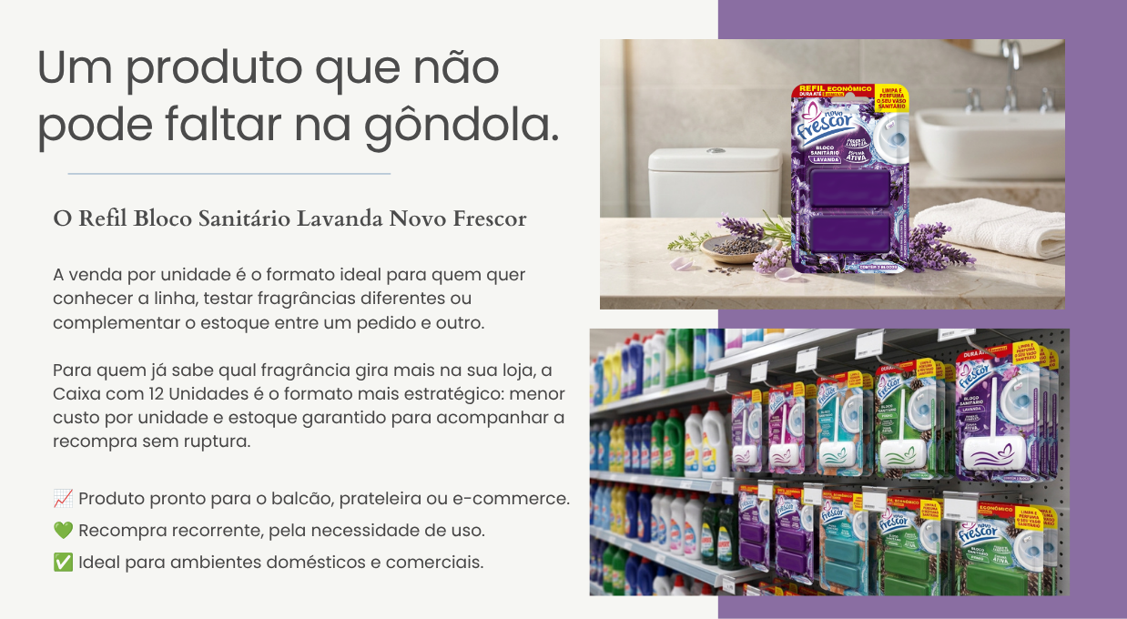 Unidade Refil  Bloco Sanitário Lavanda em gôndola de supermercado