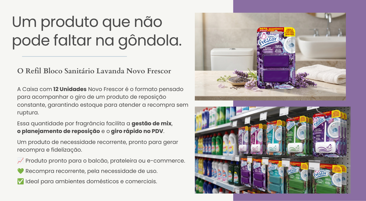 Caixa com 12 unidades do Refil Bloco Sanitário Lavanda em gôndola de supermercado