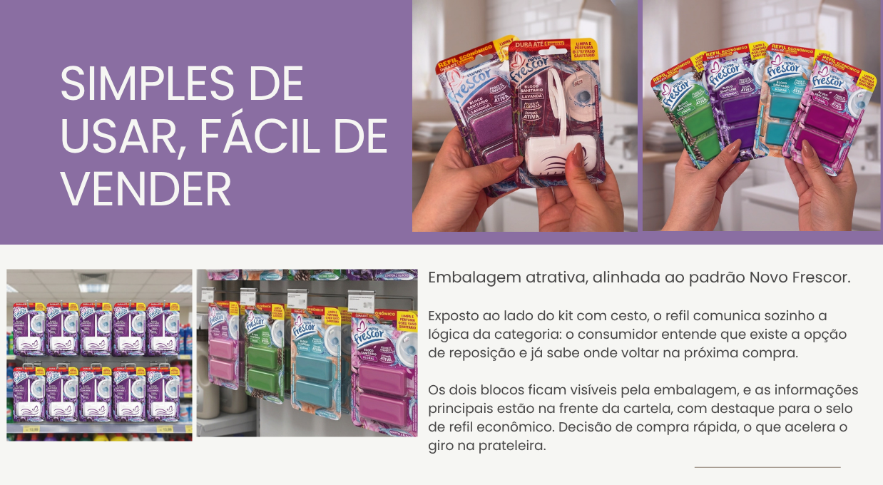Embalagem do Bloco Sanitário Lavanda com cesto 25g exposto em prateleira