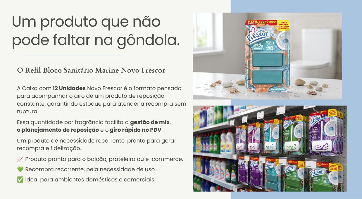 Caixa com 12 unidades do Bloco Sanitário Marine em gôndola de supermercado