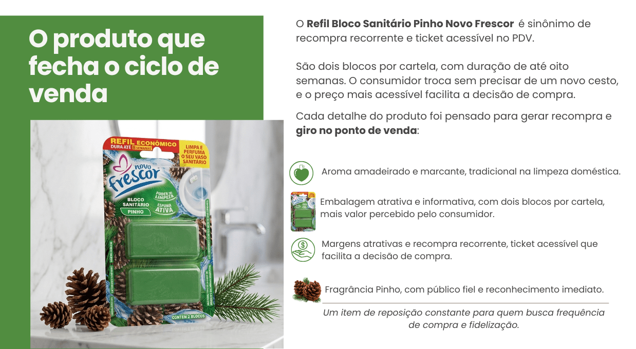 Bloco Sanitário Pinho Novo Frescor com cesto aplicador em uso no vaso sanitário