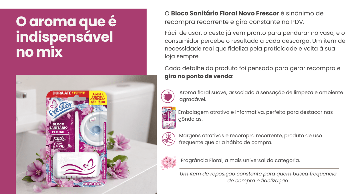 Bloco Sanitário Lavanda Novo Frescor com cesto aplicador em uso no vaso sanitário
