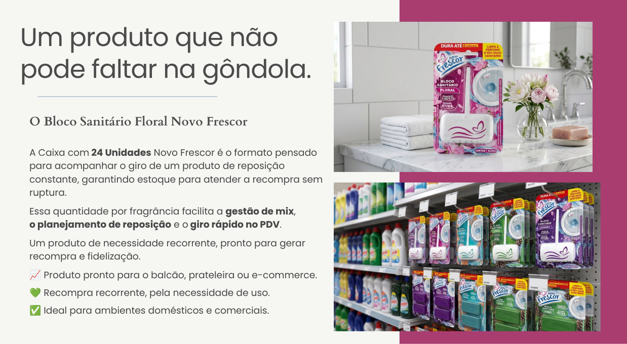 Caixa com 24 unidades do Bloco Sanitário Lavanda em gôndola de supermercado