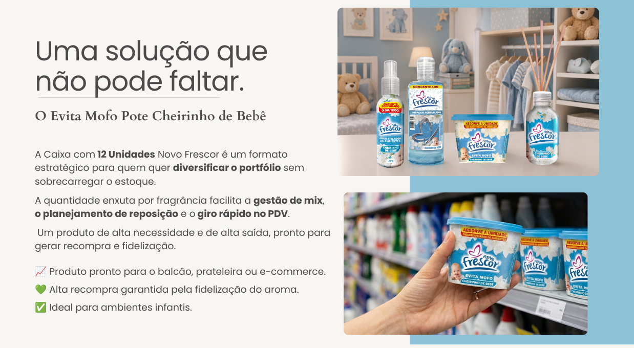 Caixa com 12 unidades do Evita Mofo Pote Cheirinho de Bebê em gôndola de supermercado