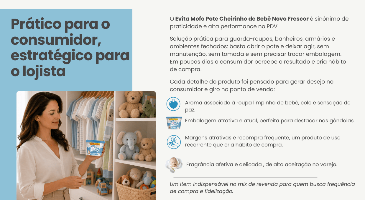Evita Mofo Pote Cheirinho de Bebê em uso em armário residencial perfumando ambiente fechado