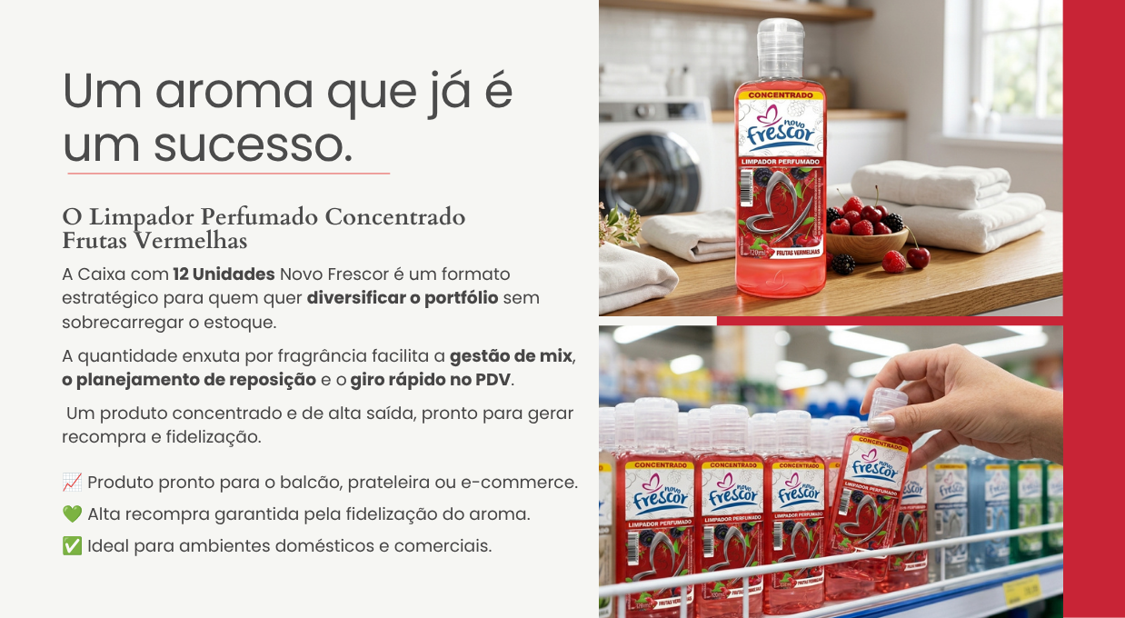 Caixa com 12 unidades do Limpador Perfumado Concentrado Frutas Vermelhas em gôndola de supermercado