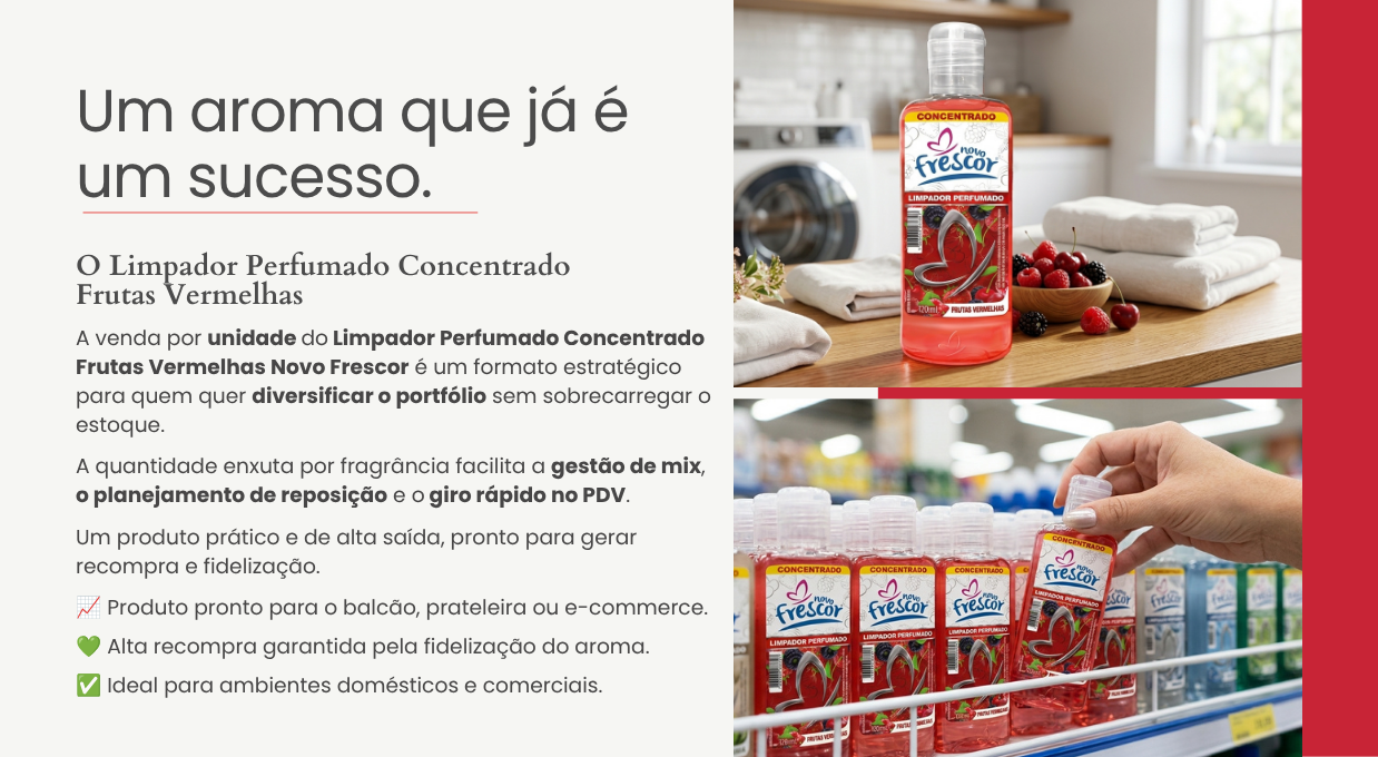Limpador Perfumado Concentrado Frutas Vermelhas Novo Frescor 120ml em unidade avulsa, ideal para revenda no varejo