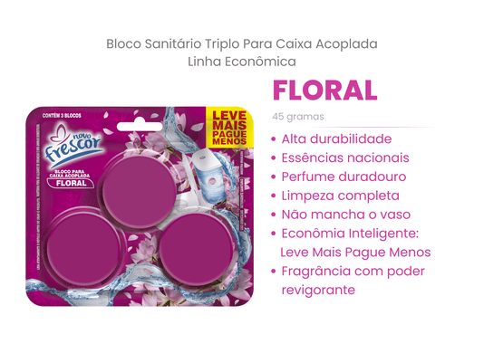 Bloco Sanitário Triplo para Caixa Acoplada Floral Novo Frescor - 45g