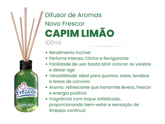 Difusor de Aromas Capim Limão | Varetas | Novo Frescor | 100ml